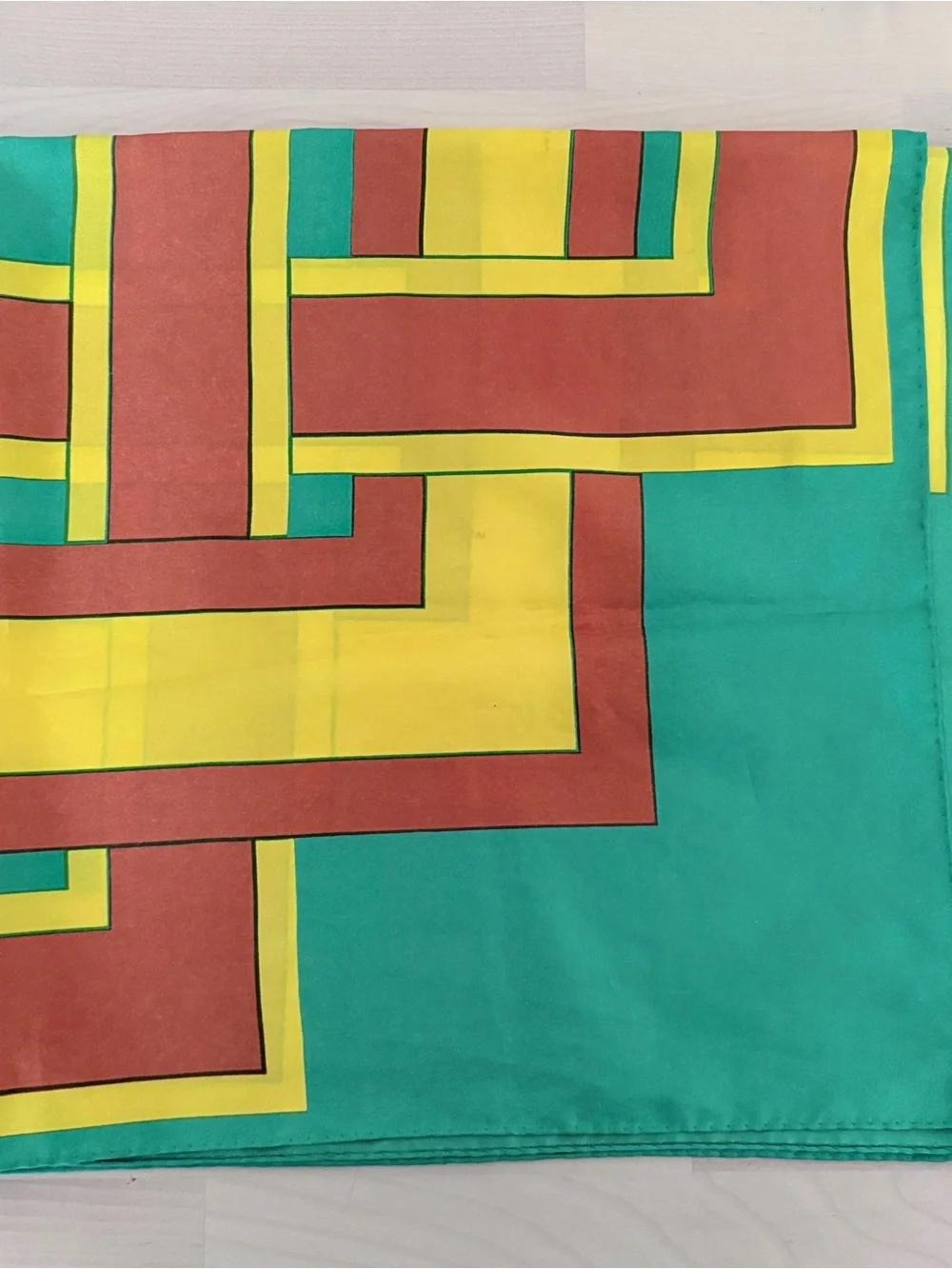 Silk Geometric Interlock Scarf in Teal, Mustard & Rust